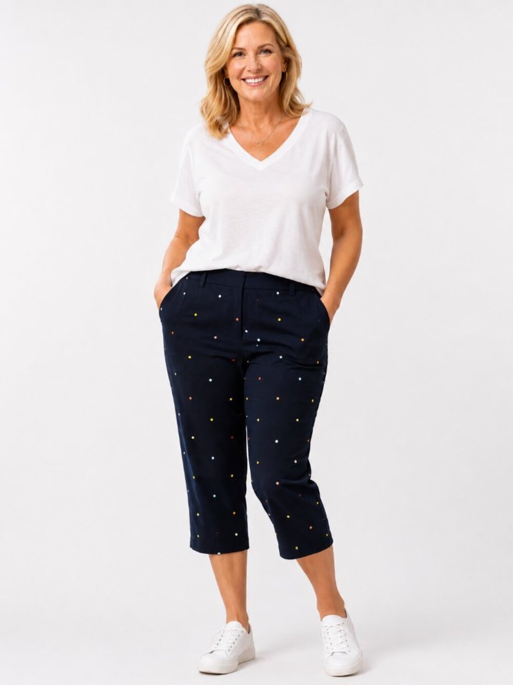 Kim Rogers Blue Embroidered Polka Dot Shannon Fit Capri Pants Women's 24W NWT